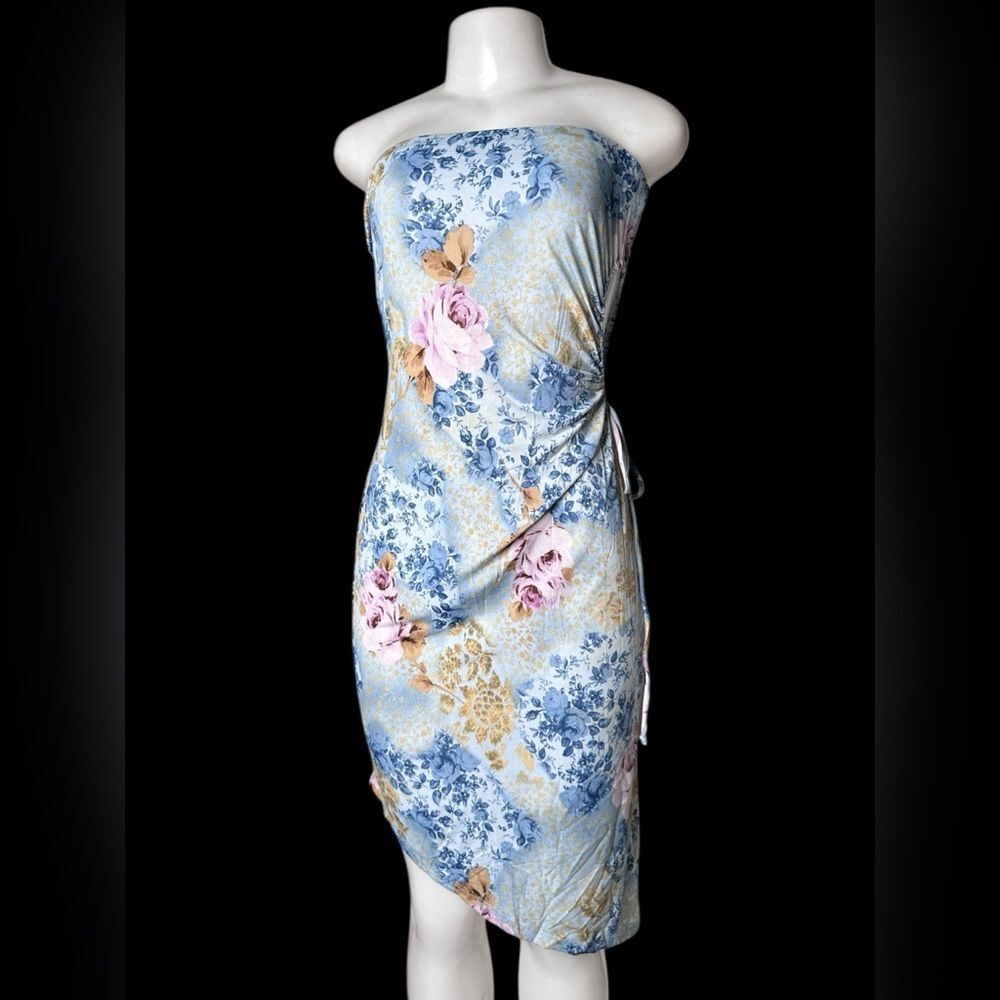 Y2K Vintage Strapless Bodycon Dress Blue Floral Ruched Side Cutout | Size M